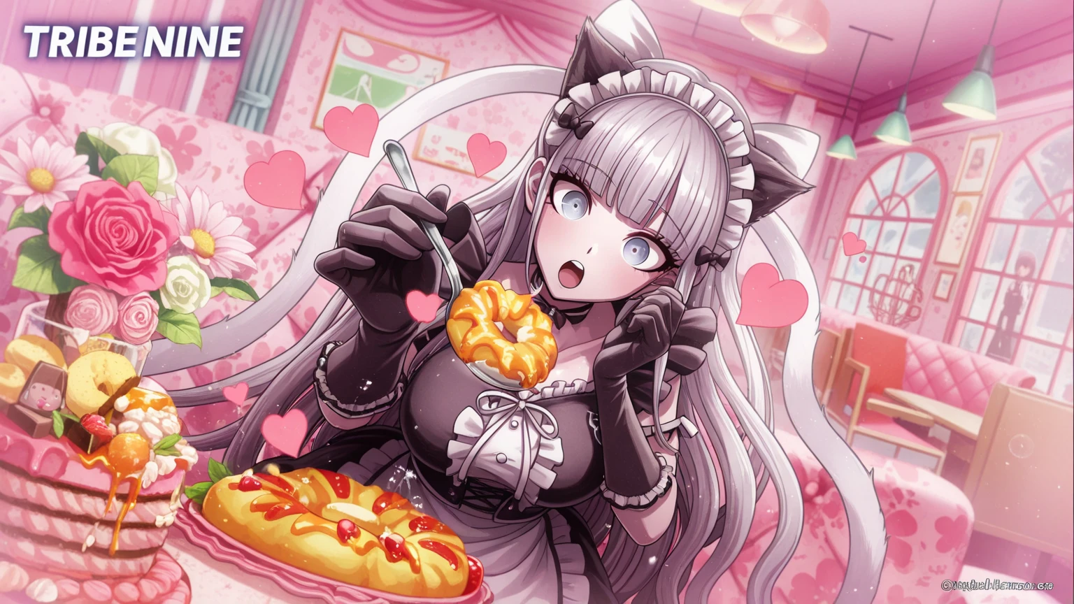 score_9, score_8_up, score_7_up, ManLevitatingPizzaMeme, pizza, pizza box, pizza slice, <lora:ManLevitatingPizzaMeme_pdxl_Incrs_v1:1>, Underground ruins,ice,dutch_angle,Katrina1,silver_hair,long_hair,beautiful detail eyes,dress,long_sleeves,yellow_eyes,black_footwear,maid_headdress,green_thighhighs,happy,<lora:katrina:1>,sitting, tree stump, sitting on a tree stump, looking at you, smile, indoor