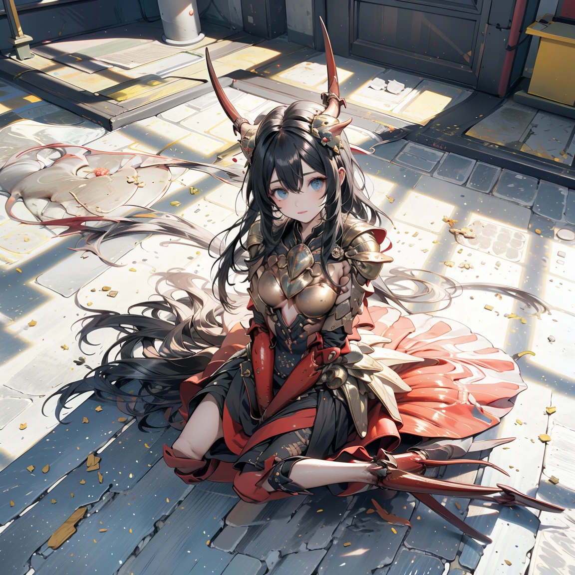 masterpiece, highly detailed, high quality, delicate bloody throne, huge red moon, 1girl, evil, playful, smile, dynamic angle, lying on throne, legs on armrest, mystical, fanatic, intricate, surreal, delicate, wearing armored gothic dress, cinematic lighting