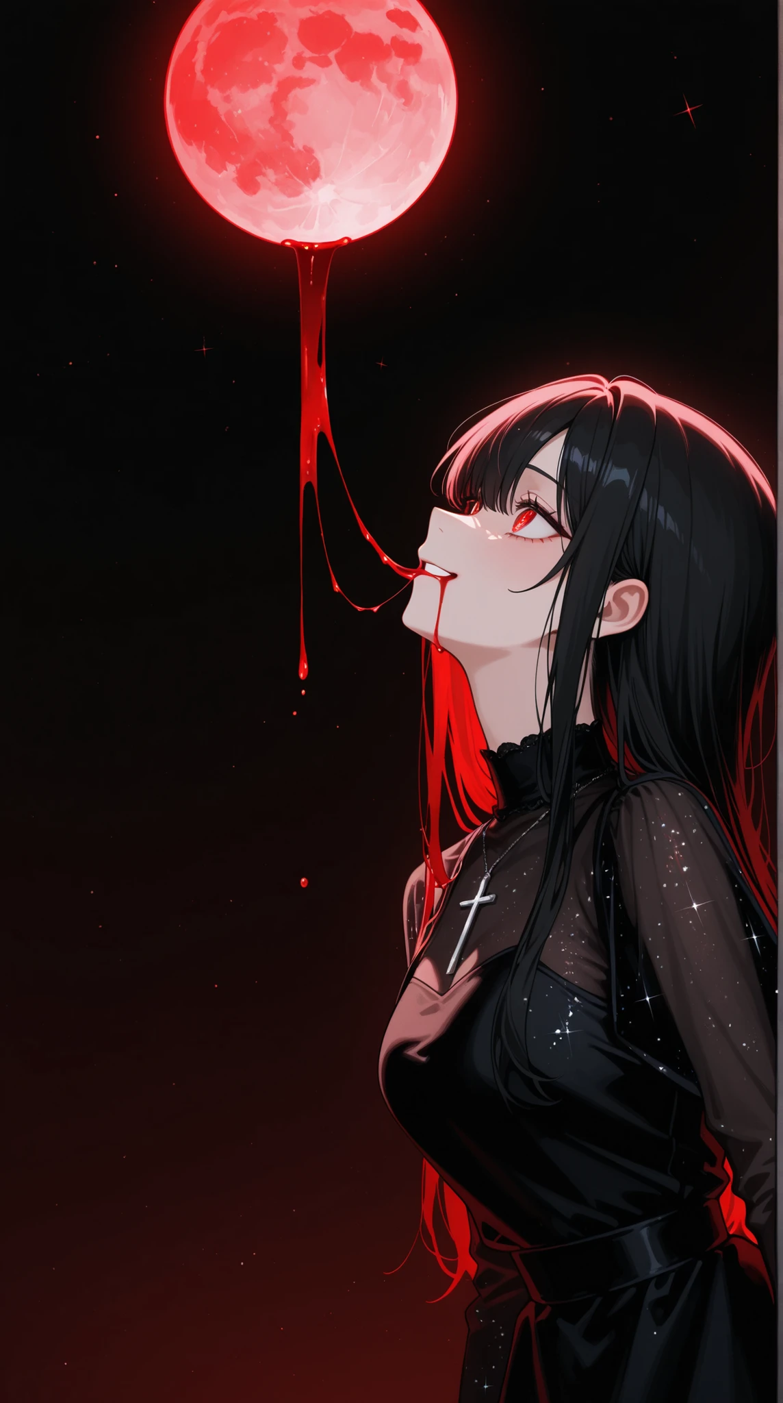 female, and look above, with a cold gaze, Cold Smile, Glitter Black Dress, cross pendant , Blood flowing from the mouth , red full moon,