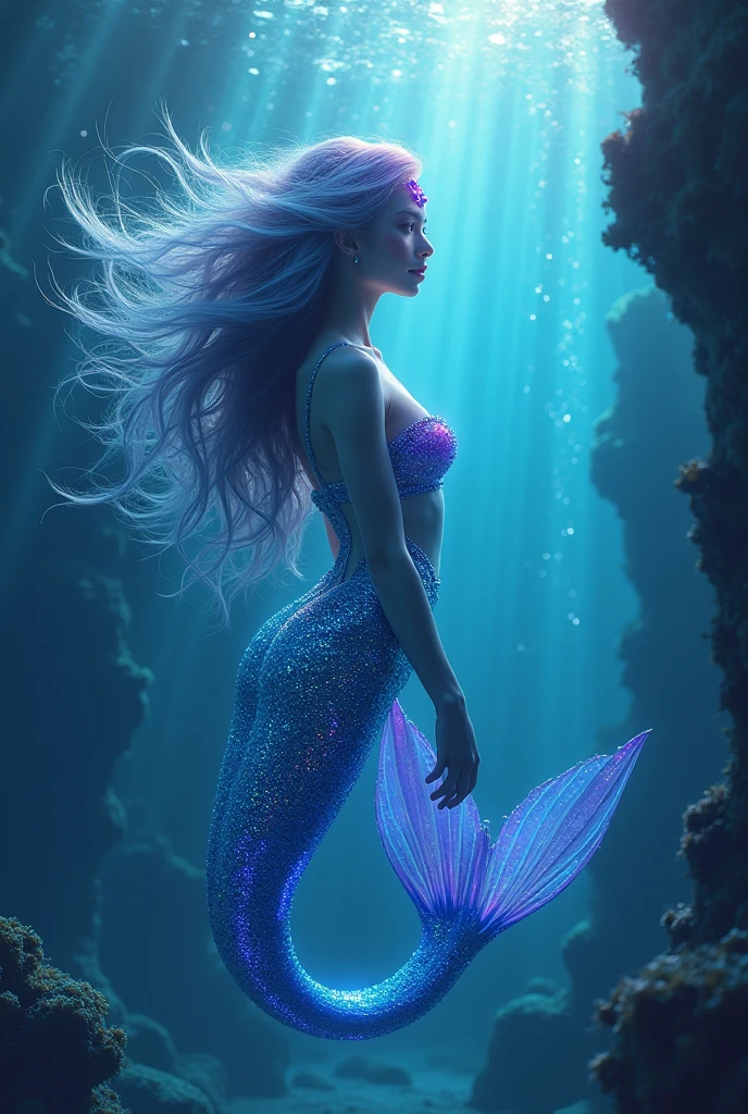 A beautiful mermaid with long, flowing aqua-blue hair, wearing a shimmering, translucent seashell bra and delicate, iridescent scales that cover her lower body. She is gracefully floating in the deep sea, surrounded by glowing jellyfish and sparkling bubbles. Her eyes are closed as she sings softly, her voice echoing through the water. The ocean floor is covered in soft coral and luminous sea plants, casting a gentle glow that highlights her ethereal beauty. Aim for realistic depiction, make sure photos are at highest resolution (8K)