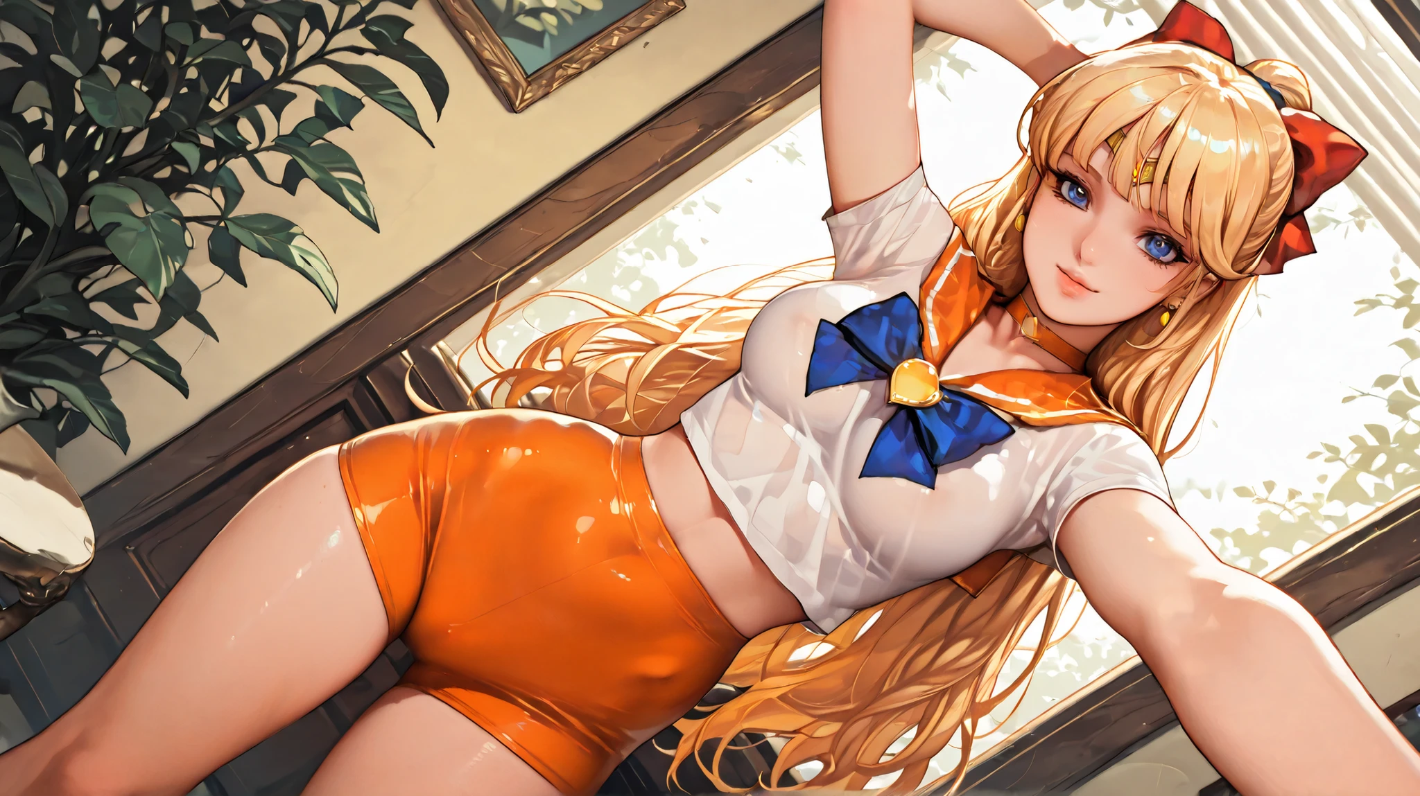 aino minako a beautiful young girl standing in a natural setting with rocks and greenery in the background. the image also shows a serene and peaceful atmosphere. on the middle of the image, a 18 -year-old woman with light skin and blonde hair, who appears to be in her early twenties, is standing with her hands behind her head, looking directly at the viewer with a neutral expression. she has a slim body and is wearing a neon pink crop top that is short-sleeved, and high-waisted, orange bike shorts. her hair is styled in very long hair with bangs, and she has blue eyes. the lighting is soft and natural, casting gentle shadows on her face and body. the background is filled with greenery and rocks, creating a natural and serene atmosphere. river in the background. 1girl, solo, retro artstyle, unrivaled beauty, blunt bangs, fit female, shiny skin, hair scrunchie, eyelashes, light lip, sailor Venus, selfie pose, naughty face, stud earrings, orange choker, bare legs, red hair bow, blonde hair, skindentation, medium breasts, lustful look, deep skin, seductive look, (oldschool style), skin tight, convenient censoring, transparent dress