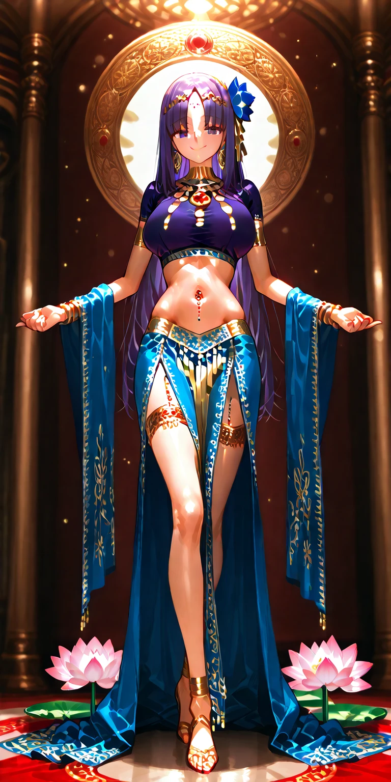 A woman in purple belly dance costume poses for photo, transparent costume, perfect face shape, delicate face shape, Arabian princess, inspiration for Arabian nights, belly dancer, high quality costume, belly dance, fantasy costume, fair skin, delicate skin, stage
