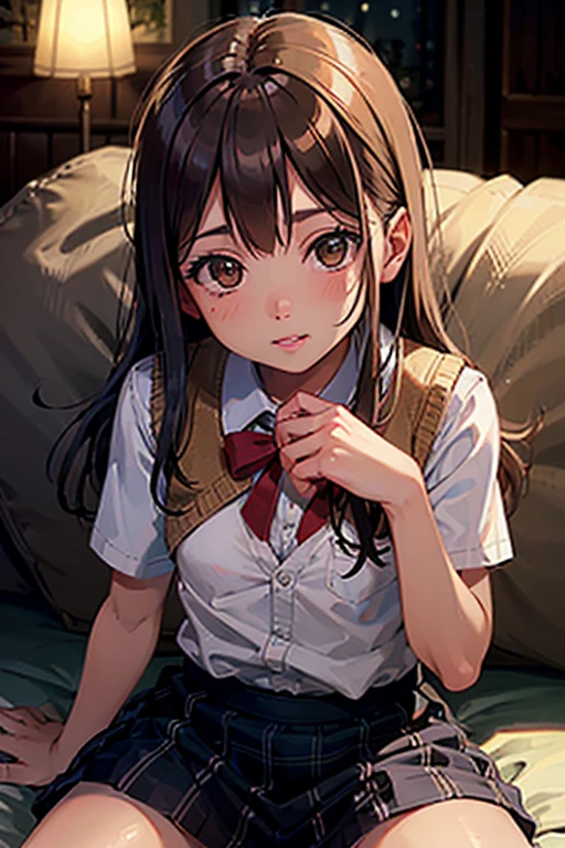 (masutepiece), Natural light, Photorealistic, Cameltoe, diffuse glow, depth of fields, big eye、Best Quality、profetional lighting、Top image quality、masterpiece、Top quality backgrounds、background professional lighting、portlate、Asian Beauty、big eye、Comes with genuine Mura frame、Black eyes、High school students、校服、Hairstyle Long、Brown hair、White shirt、a short skirt、Black Blazer、red necktie、Sitting on a chair、School Background、Smaller face、place both hands on the feet、