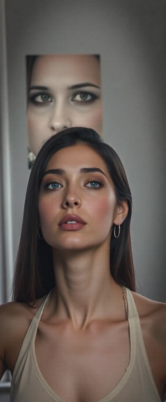 beautiful turkish woman taking a selfie from the front camera of the phone and pulling his own hair