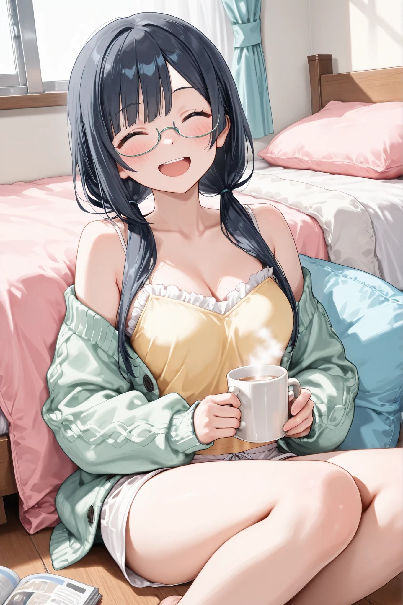 ((Masterpiece)),((best quality)),((incredibly absurdres)),((8K)),(semi realistic),
1 girl,solo,nakagawa nana,nana nakagawa,very long hair,bangs,black hair,grey eyes,low twintails,baby face,medium breasts,hair over shoulder,
(white eyewear),under-rim eyewear,pastel pink pattern camisole,pastel blue pattern camisole,pastel yellow camisole,white strap,
cardigan vest,pastel green cardigan,Thin cardigan,white sweatpants,frill short pants,
(smile),blush,(closed eyes:1.2)open mouth-wide,facing ahead,
(sitting on capet),(reclining bed),yokozuwari,holding mug with both hands,steam,knees up,
pink bed,yellow capet,wooden floor,pastel blue cushion,magazine on floor,white wall,
(bright room:1.2),
from front,