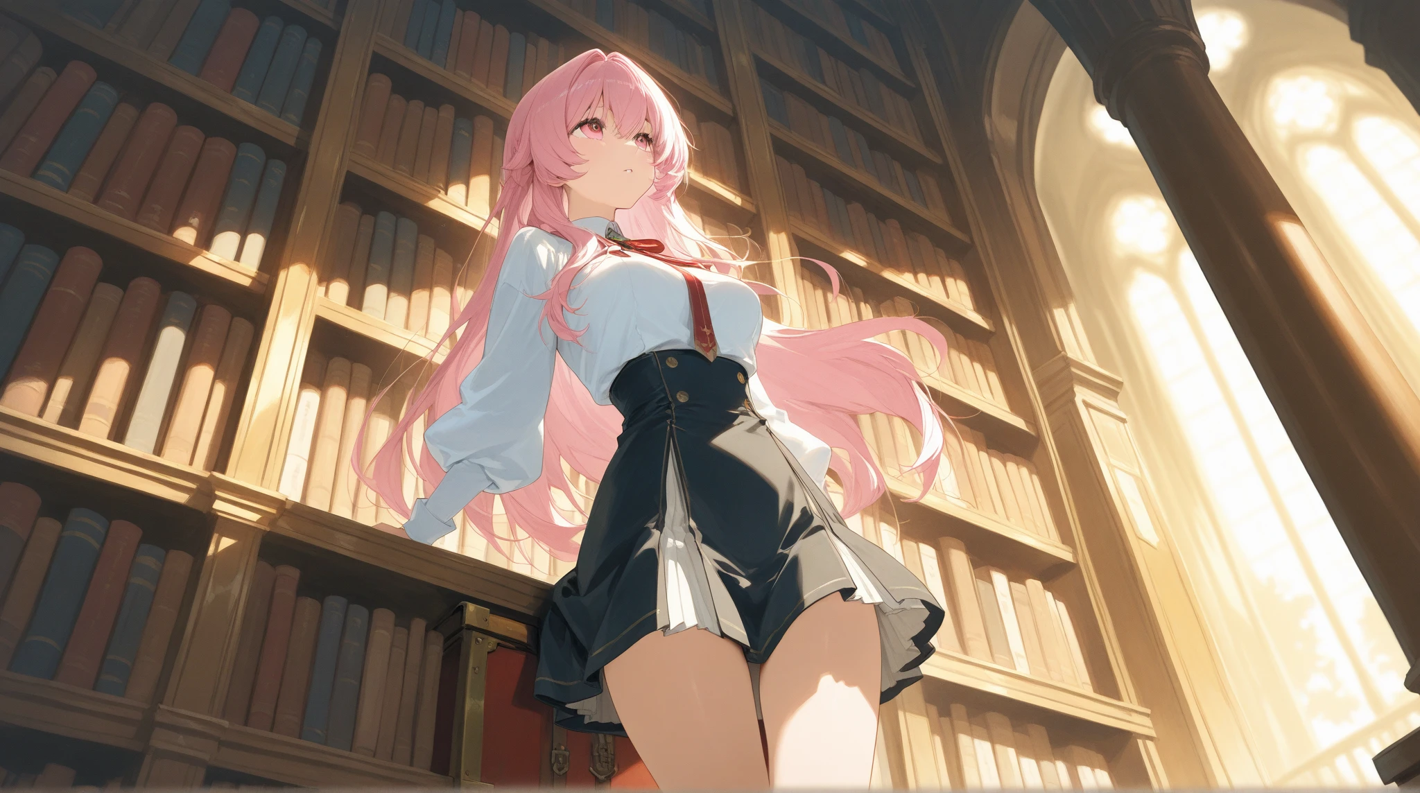 (((masterpiece, Highest quality, High resolution, 超High resolution, Pixel Perfect, Written boundary depth, 4K, About RTTX10.0))), Beautiful anime woman, Beautiful art style, Anime characters, ((Smooth texture, 再alistic texture, Anime CG Style)), Exact finger count、Exact number of legs、(Exact number of arms:1.0, Exact number of hands:1.0), (Perfect hands, Perfect Anatomy), Cinematic, 再alistic, Extremely detailed CG, Daytime lighting, Perfect lighting, Best Shadow, The best natural light, whole body, whole body, ((Re:Starting Life in Another World from Zero),(Rem)), ((She is showing her panties in her hands:1.3)), ((Sexy and cute panties, (Stylish shiny satin pink panties:1.2), Lace panties:1):1.3), (Beautiful and very large breasts:1.2), (Feeling embarrassed, (blush:1.2), (Embarrassed look:1.5), (library:1.5), Angle from the front, holding panties, Panties as a gift, No underwear