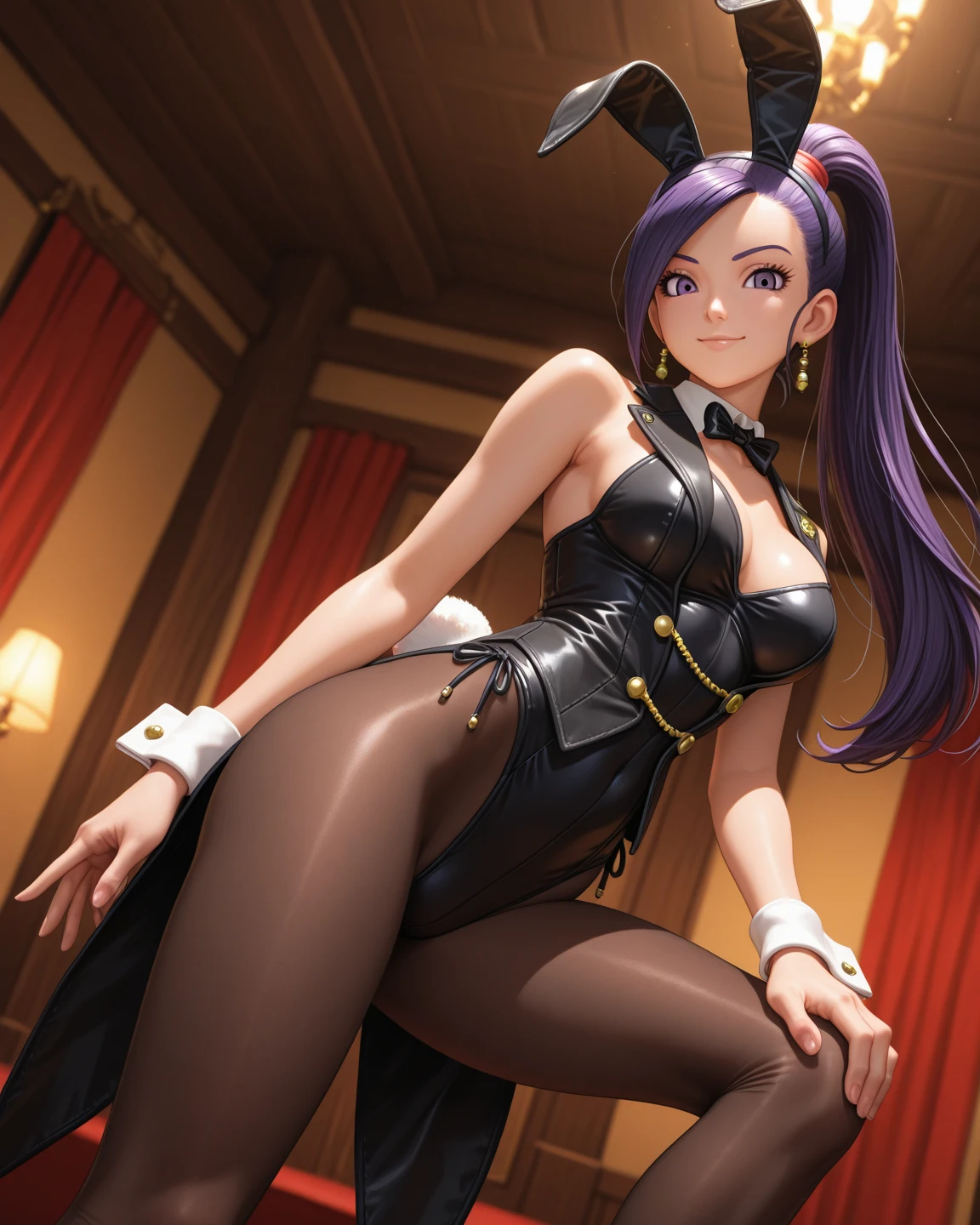 mole under mouth, purple eyes, long hair, nyotengu, pubic_tattoo, tattoo, 1girl, mole_under_eye, swimsuit, mole, bikini, purple_bikini, gloves, breasts, solo, pantyhose, high_heels, navel, shrug_(clothing), looking_at_viewer, earrings, pillow, blush, lying, animal_ears, on_back, black hair, long_hair, purple_neckwear, highleg_bikini, blunt bangs, fake_animal_ears, body_writing, ass_visible_through_thighs, black_legwear, wrist_cuffs, medium_breasts, jewelry, purple_eyes, bunny_ears, bow