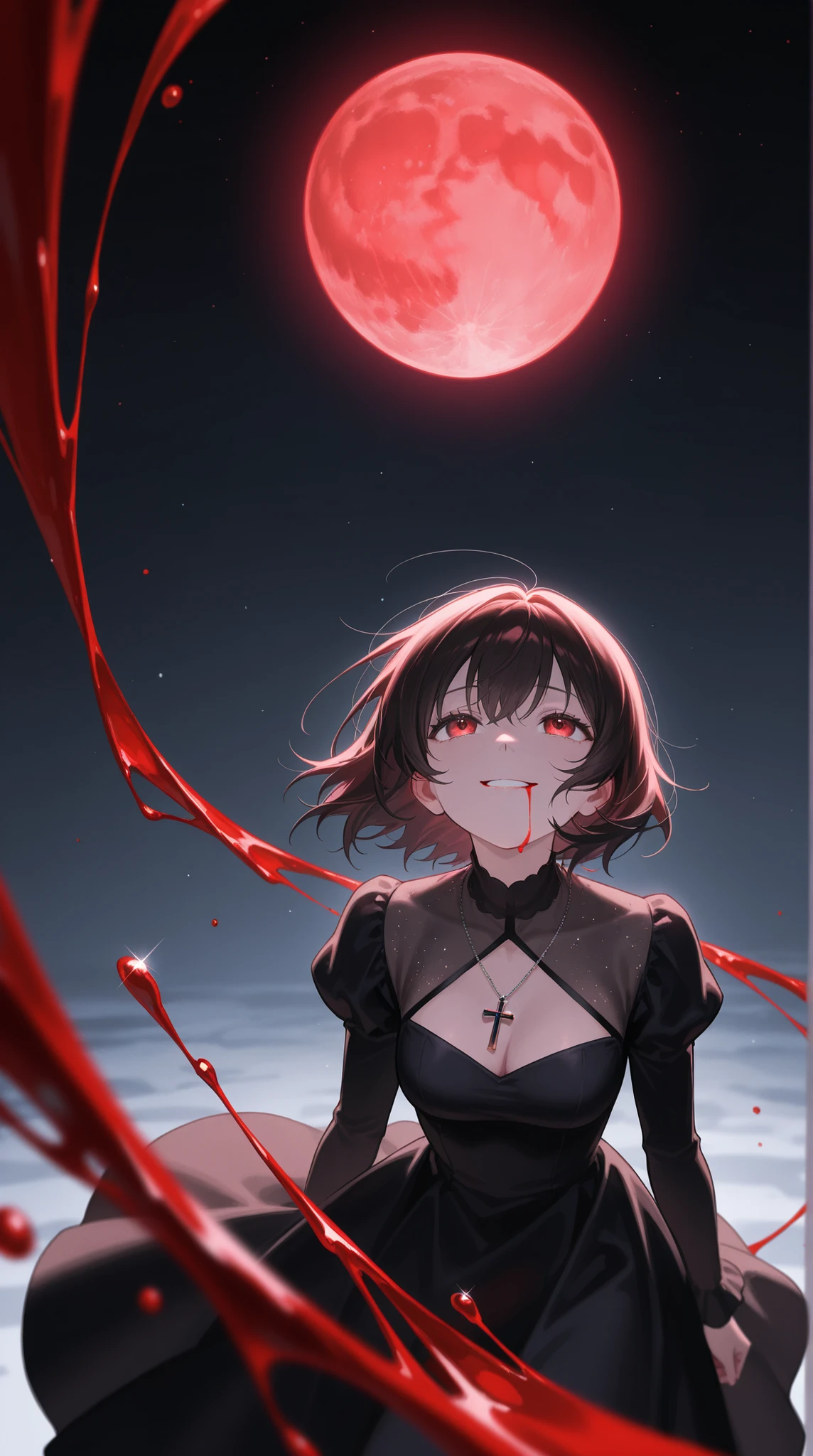 female, and look above, with a cold gaze, Cold Smile, Glitter Black Dress,  cross pendant ,  Blood flowing from the mouth , red full moon, 