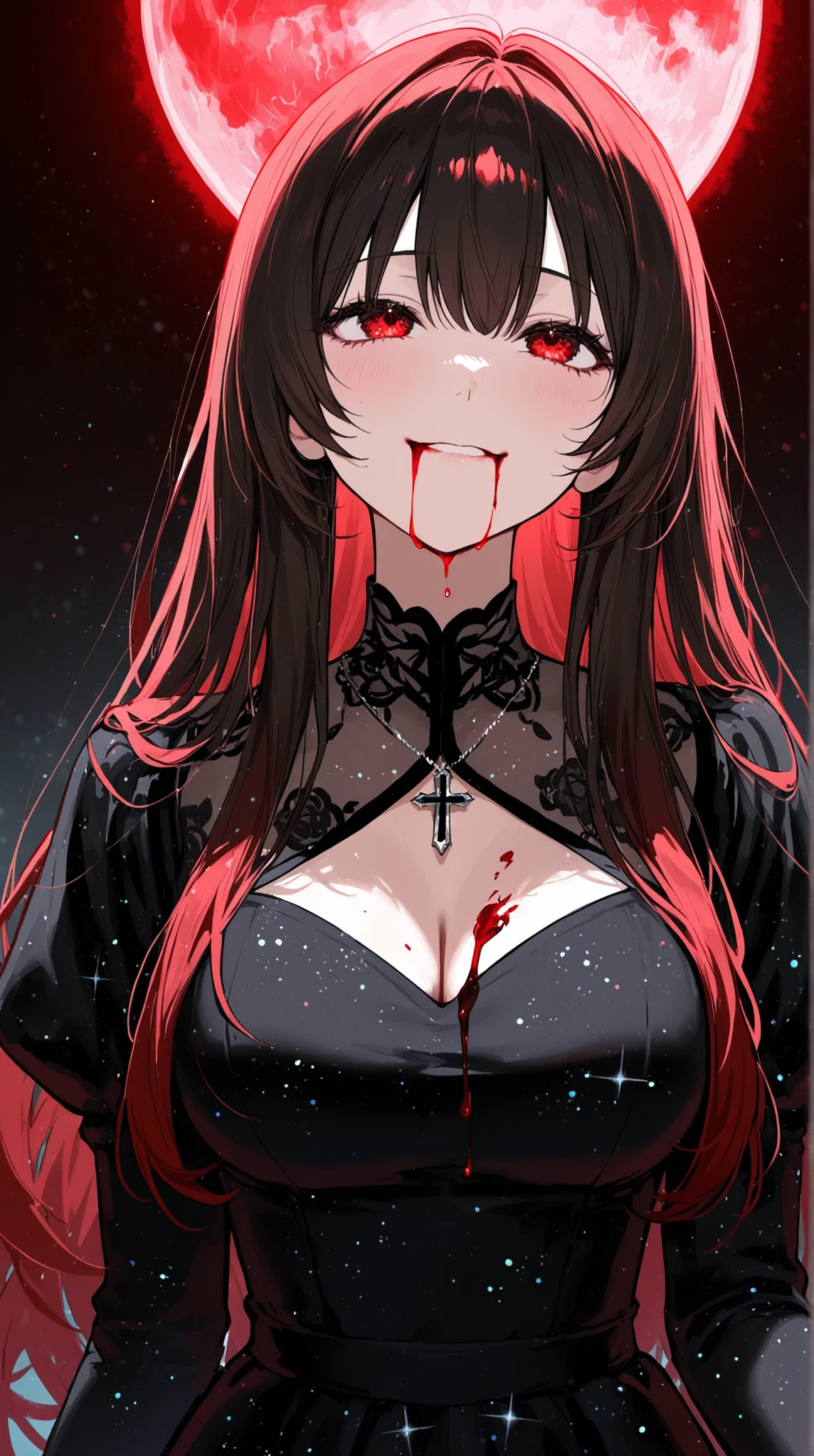 female, and look above, with a cold gaze, Cold Smile, Glitter Black Dress,  cross pendant ,  Blood flowing from the mouth , red full moon, 