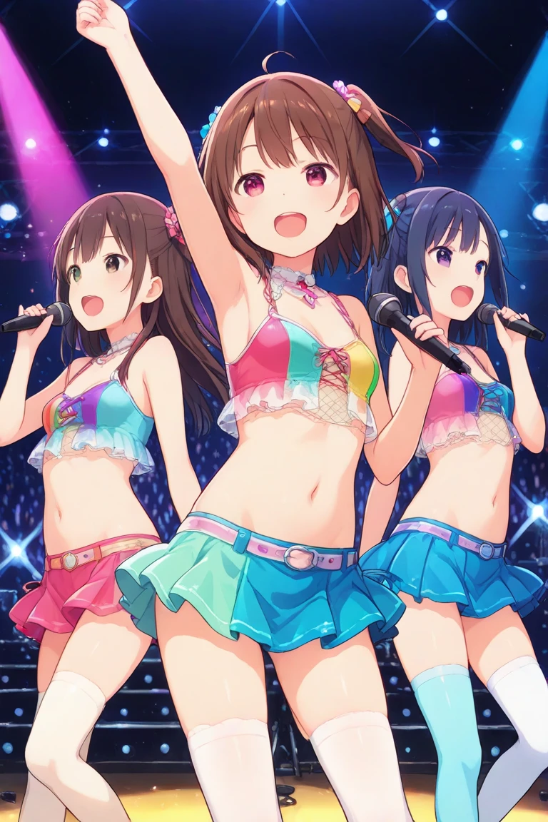 masterpiece, ((Highest quality))、Idol Concert、(three cute naked girls、A good friend、sing、dance、kawaii:1.4、smile:1.3、smile、Mr.々Hair style、pubic hair)、(((Full nudity、tits、Pussy)))、(Realistic and detailed skin texture、Idol's clothes:1.2、hair ornaments、Concert Stage)
