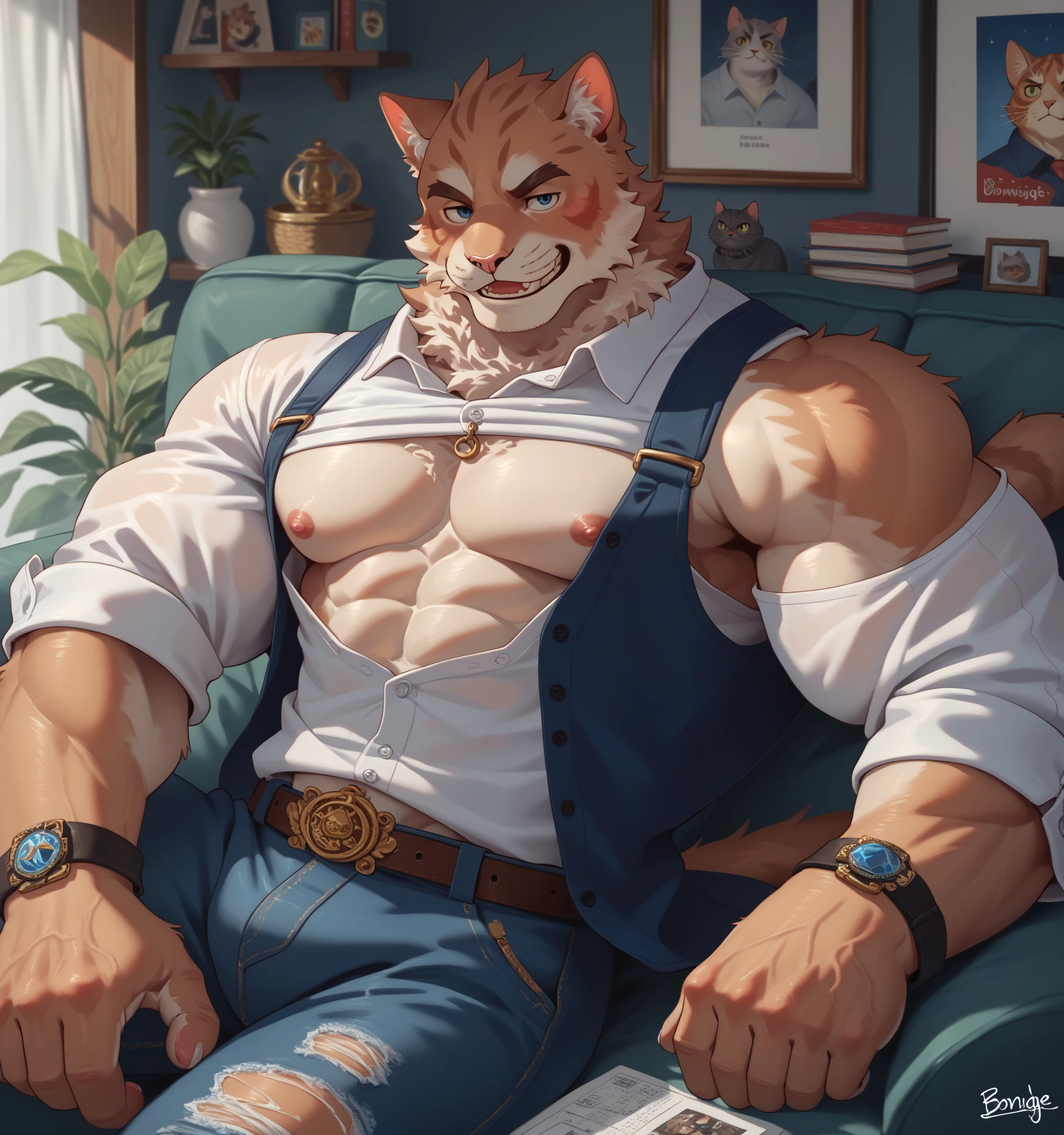 4k, high resolution, best quality, perfect colors, perfect shadows, perfect lighting, ((full bodyportrait)), posted on e621, furry body, solo, anthro orange werewolf, (monotone orange fur:1.3), male, black beard, white chest fur, adult, (heavily muscular, manly, brutal, masculine:1.4), green eyes, realistic eyes, hands on neck, suspenders, masculine, (muscular, dense build:1.4, muscular shoulders, massive pecs, massive bulge), living room background, correct anatomy, sitting in the dining room, green short pant, (photorealistic detailed fur, epic, masterpiece:1.2), (by Taran Fiddler, by Chunie, by Rukis, Bonifasko lighting), best posture, claws on hands, (photorealistic fur, detailed fur, epic, masterpiece:1.2), sexy shadows, (by echin, by Taran Fiddler, by takemoto arashi, by Traver009, by Juiceps), (detailed eyes:1.2), impressive physique, focus face, serious face, detailed eyes