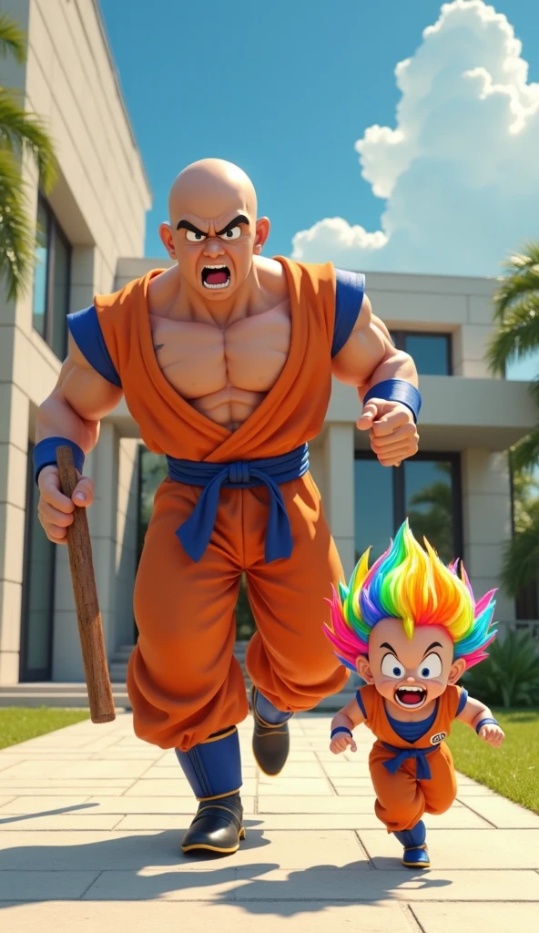 Gotanks, super saiyan, exquisite hair, arm representation, white and blue hair body, exquisite shoes, eye representation, exquisite hair, popmart blind box, clay texture, stepping on earth, black and white background, natural lighting, most good quality, super detail, 3D art, c4d, OC renderer, 3D rendering, 8k