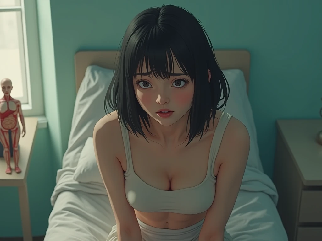 Shot from above、High Detail、Edge Detection、sharpness、High contrast、Highlight、Slouching、A beautiful young girl、a small face、cleavage of the breast, large breasts、Plump body、big tit、short-cut、off-the-shoulder dress、 rim Lights、Cinematic Light、ultra-wide-angle、 (rolling eyes:1.1, (spread legs:1.1), full figure, in a pornographic movie set, legspread,
