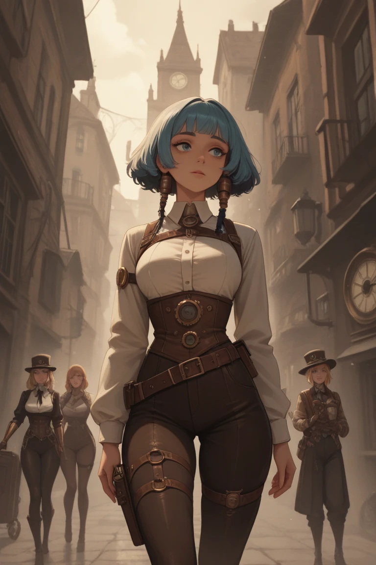 capolavoro,best quality,ultra high resolution,fotorealistico, 8k uhd ,Iperdettagliato,donna , capelli rosa,occhi blu,vestito steampunk, steampunk city background 