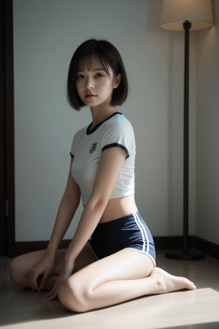 (Solo), (a detailed full-body RAW photo of a girl), (masutepiece:1.0), (Best Quality:1.4), (超A high resolution:1.2), (Photorealistic:1.4), 8K resolution, Canon EOS R5, 50 millimeters, absurderes, ultra-detailliert, (40yo), Cinematic lighting, Detailed beautiful face, (no-makeup:1.2), (ulzzang -6500-v1.1), petite figure, Detailed skin texture, (flat chest:1.4), (skinny and fit body:1.6), Detailed brown hair,(Very short hair:1.5), See Through wear, no bra, (nike, blue and white fit polo shirts with erect nipple and thin mini skirt:1.5), upskirt, wind, realistic glistening skin, Detailed texture, Cameltoe, well-developed abs, dynamic pose, panty shot from below, blue sky, (sun tan), (sit on sofa and Raise one knee and open your legs:1.3)