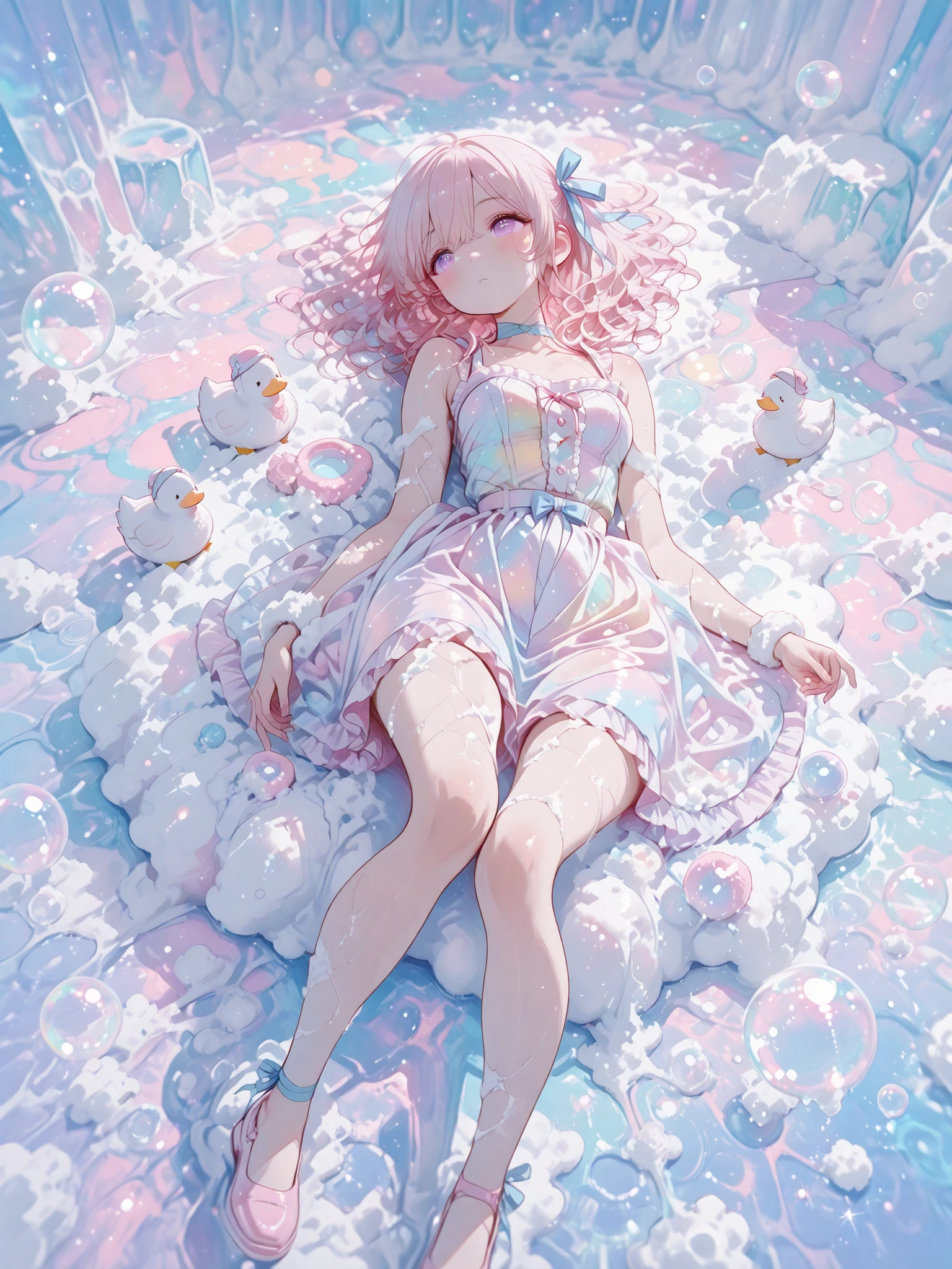 wide shot,full body, 1 girl, violet eyes, light pink hair, short hair, cool, beautiful, medium breast, very cute, lovely, kawaii, fluffy wavy hair,sundress,spread skirt,bare legs,long hair ribbon light blue ribbon((soap bubbles))(colorful soap bubbles)((lots of soap bubbles)) lots of soap bubbles))(light leaks)(sharp reflection light)soap bubbles in background,duck toys,glitter,sitting dynamic angle,((best quality)) ,water_aesthetic, watercolor, abstract background, white background, watercolor background, pastel_colors, lying on her back
