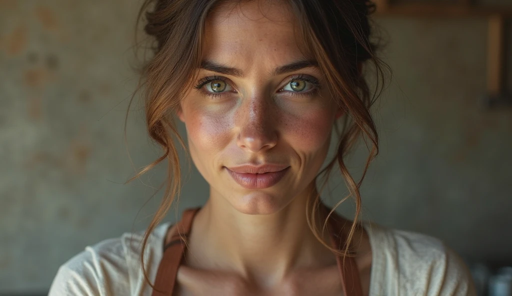 40 year old woman, wrinkles on the face, bright blue eyes:1.4, (photorealistic:1.4, extremely complex:1.3, radiation, photon mapping, dtx, 8 K), ((((heart necklace close up, White T-shirt, wet, [medium breast:Big breasts:0.8])), wet, [Skin detail:freckles:0.7], natural), Bock effect, blurred background, Focus on face