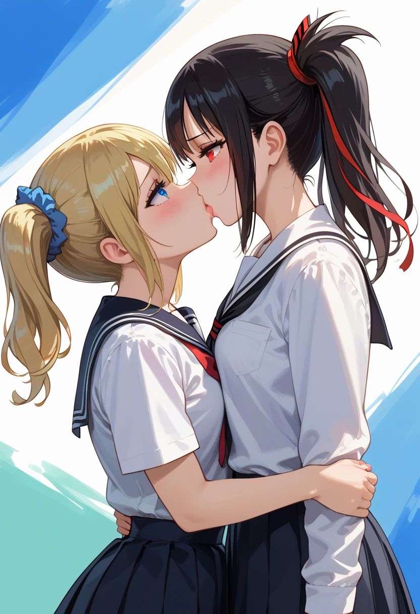 Two big-breasted high school girls wearing sailor suits、While pressing our breasts together、Put in the tongue of the other person's mouth、They are kissing passionately while drooling