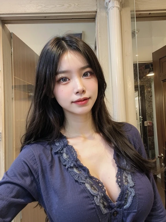 high detal,8K分辨率,超高分辨率,Best image quality,a beauty girl,lipsticks,Love pupils,Peerless beauty,Messy black straight hair,shoulder-length short hair,(Coiled hair)Smooth hair,Intense and beautiful makeup,Exquisite and perfect facial features,the most beautiful big eyes,Be red in the face,Sweet smile,(Wearing a blue lace shirt with buttons,tiese ,Plaid pleated skirt)Open navel,Thin waist,(Full breasts)Get close to the viewer,dynamic angle,Extreme picture quality,Highest accuracy