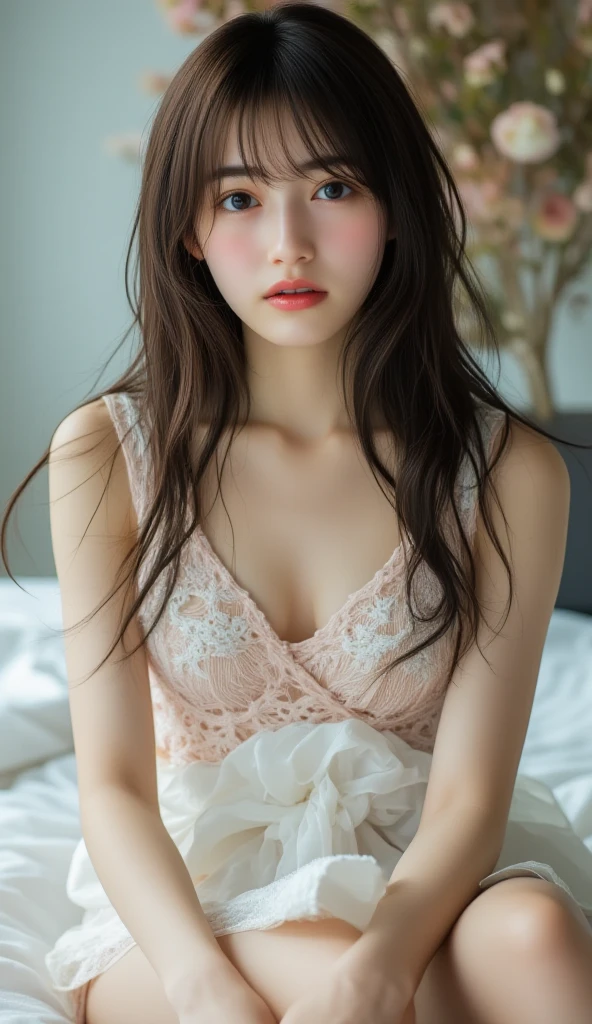 1girl, extremely cute face, Amazing face and eyes, (highly detailed eyes, highly detailed face), Fresh, very clean appearance, (hyper-realistic, hight resolution), (best Quality:1.4), Raw photo, (Realistic, Photorealsitic:1.37), Professional Photography, Cinematic Light, (floral pattern nightgown:1.25), (medium breasts:1.1), (open nightgown), (bare shoulders), Smile slightly, (Lying face up in the futon:1.5), (staring at me), Bedroom, futon, pillow, floral patterned screens, relaxing, lantern light,