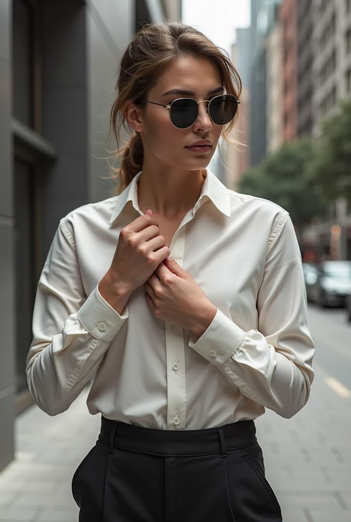 Subject with. Dark beige shirt and black pants