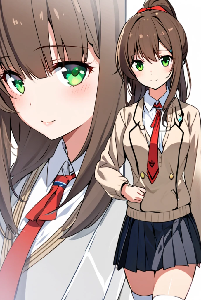 Monika (Doki Doki Literature Club!) - Detailed Description:

Monika is a beautiful, poised girl with long, straight chestnut-brown hair that flows down to her waist, usually styled in a high ponytail tied with a large, distinctive white ribbon. Her bright, emerald green eyes are wide and expressive, capable of looking warm and kind, but also unsettling, especially when she directly stares at the player, breaking the fourth wall. Her skin is fair and smooth, giving her a youthful glow, and her slender, graceful build matches her confident demeanor as the Literature Club president.

She wears the standard school uniform from the game—a light brown blazer over a white dress shirt, accentuated with a red ribbon around her neck. This is paired with a dark blue pleated skirt that reaches mid-thigh, white knee-high socks, and classic brown loafers. Her overall look is neat and elegant, reflecting her responsible and composed personality.

Monika’s expressions are often warm and cheerful, with a welcoming smile, but this can become subtly eerie as the story develops. The white ribbon in her hair is a symbol of her initial purity and leadership, but it also hints at her desire to break free from the constraints of her world. Her green eyes, a rare and striking color, highlight her intelligence and self-awareness, making her stand out among the other characters.