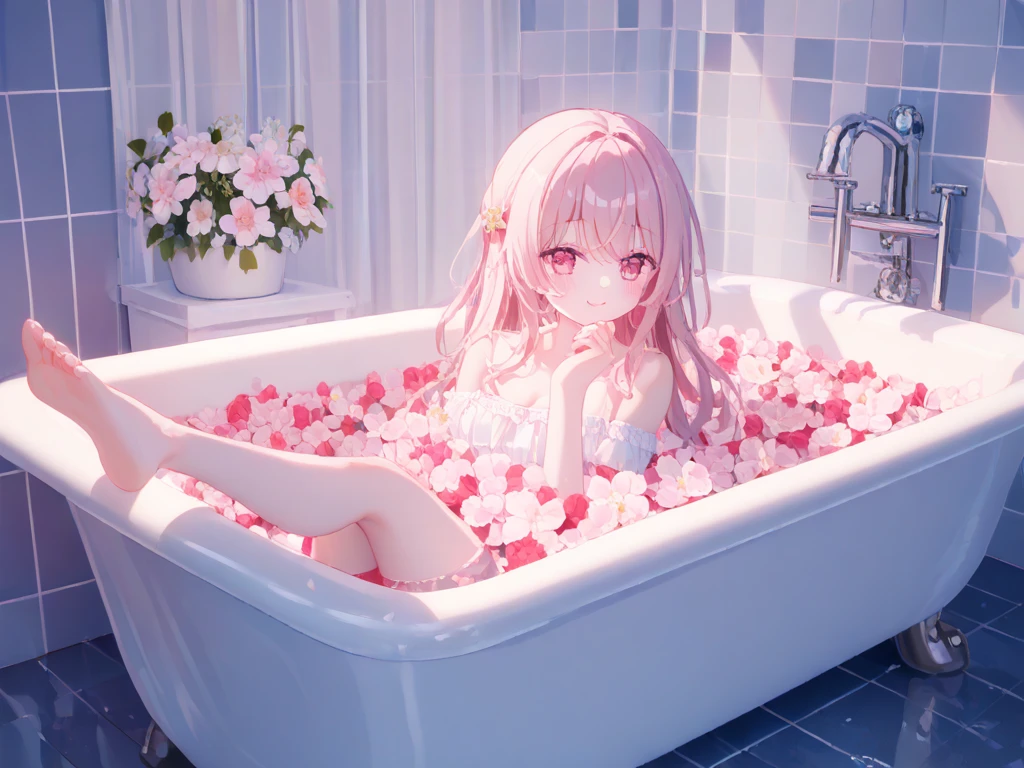 (8K, masutepiece, Highest Quality, Best Quality, Official art, Breathtaking beauty and aesthetics, A highly detailed, The best masterpiece in history that exceeds limits, Breathtaking and beautiful lighting:1.2), (1 Girl, Solo), (sixteen years old), (Beautiful detailed face), (shiny white skin), (Beautiful big bust, cleavage:1.3), (Beautiful detailed pink twin tails hair, Bangs:1.3), (beautiful detailed drooping pink eyes:1.5), (Beautiful Luxurious Diamonds Tiara), break, (happy Beautiful cute smile:1.2), (Attractive, amazing, Beautiful, Elegant, magnifica, Eye-catching, Graceful, Everyone loves it, Healed, cute like an idol, Stylish like a fashion model, Goddess-like grace, Look at the camera, cute pose, Happy), breathtaking scenery, (breathtakingly beautiful bathroom, Luxurious Jacuzzi, Bubble bath, A lot of bubbles in the bathtub, sink up to your shoulders in the large bathtub, Hide the body with foam, floating rose petals:1.3),