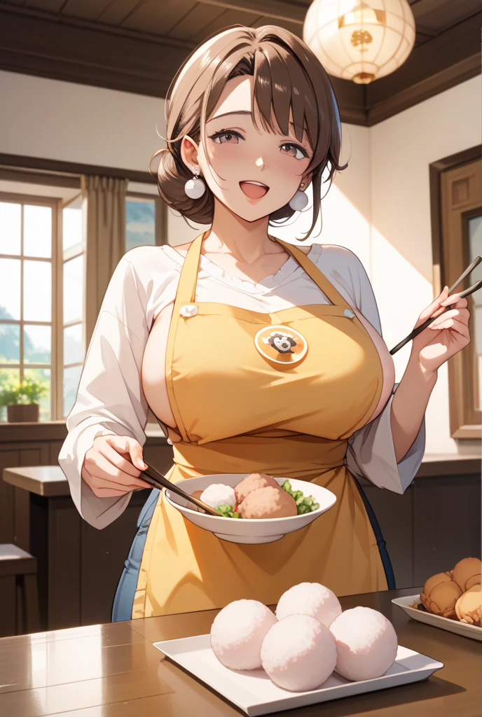 One Woman、beautiful girl、waitress、20-year-old、Side Ponytail、restaurant、waitressの制服、Short skirt、Black Pantyhose、Holding the tray、Highest quality, smile,, Big Ass、Big Breasts、Very big boobs、Place your breasts on the tray、 sink into the tray、Empty tray、Place breasts on the tray、Boob Tray、Tray under the 、breast enhancement