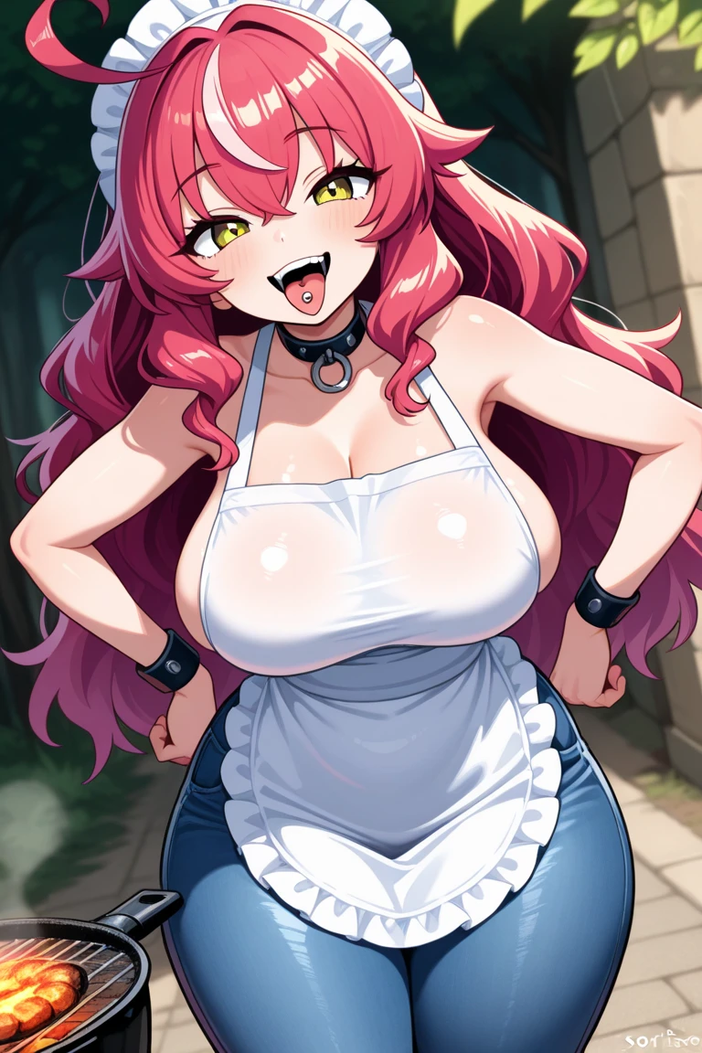 1girl, feminine, background, (freckles), blush, loose pink hair, huge breasts, ((sweat)), view from side, evening shadows, hot breath, open mouth, dimmed lighting, standing, sweaty, ((sweating)), (sweat), big ass, wide hips, toned body, cow ears and small cow horns, cow tail, cow girl, (motion lines), voluptuous, mature, milf, flustered, wearing milk maid outfit, cleavage, skirt, market in a modern city, selling milk, market stand, milk bottles, nipple bulge in top, bent over, duo, (fat and middle-aged man), ugly middle-aged man fucking cowgirl from behind, sex, standing doggystyle, (motion lines), thrusting, view from front, long loose hair, (girl facing viewer), (the man has a double chin and is balding), hip grab with both hands,