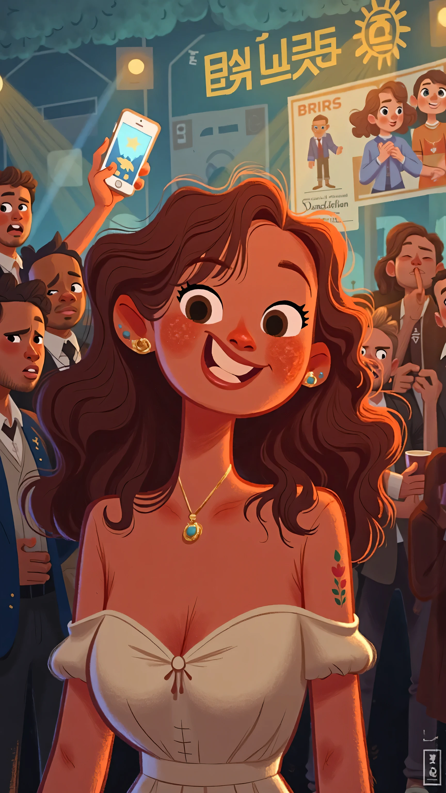 close-up，Portrait，Concert entrance，a beautiful and elegant woman，long brown wavy hair，brown eyes，Wear a white strapless top。walking in the crowd，Pose for a photo，Lights flickering，Surrounded by fans、poster、commemorating the surrounding stalls。 illustration style 