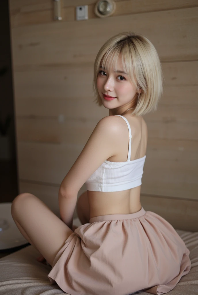 (pp clothes), (realistic) (short hair), girl showing her panty, show underwear sit on the chair, open legs, view to front, view to camera, wear white underwear, visible underwear, Indonesian face.
