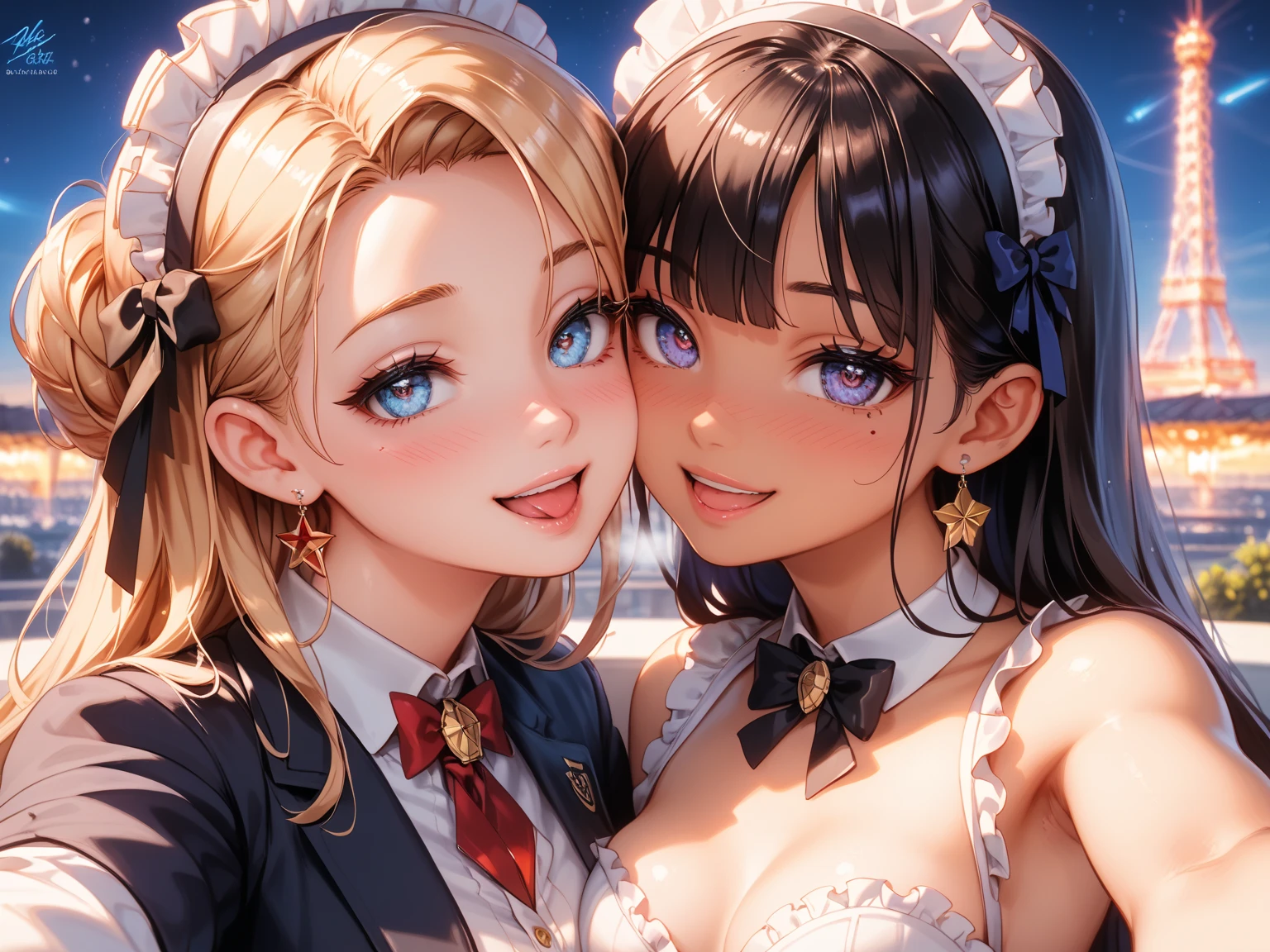 (masterpiece:1.2), High resolution, Super detailed, Highly detailed CG Unity 8K wallpaper, realistic, photo-realistic, RAW photo, beautiful detailed face, white skin, realistic glistening skin, fine cloth texture, detailed hair texture, perfect body, beautiful face, Accurate, anatomically correct, Highly detailed face and skin texture, natural neck length, (beautiful hands), (Fair skin:1.2), thin legs, thin legs,
break,
fine eyes, symmetrical eyes, light brown eyes, double eyelid, thin eyebrows, (glossy lips:1.4), (sexy smile:1.2),
break,
medium to large breasts, cleavage,Lower milk is coming out、slender body shape, off shoulder、pleated skirt、Belly button is sticking out、Private High School Uniforms、nurse、maid、cleavage emphasis、Thigh emphasis、
((The girl on the left has blonde hair, The girl on the right has brown hair,):1.2), (short bob hairstyle, short hair), ((asymmetrical bangs:1.2)),
((Two girls are Sitting on the low chair :1.2)), ((From above)), ((looking up at the viewer:1.2)), (full body shot:1.2),