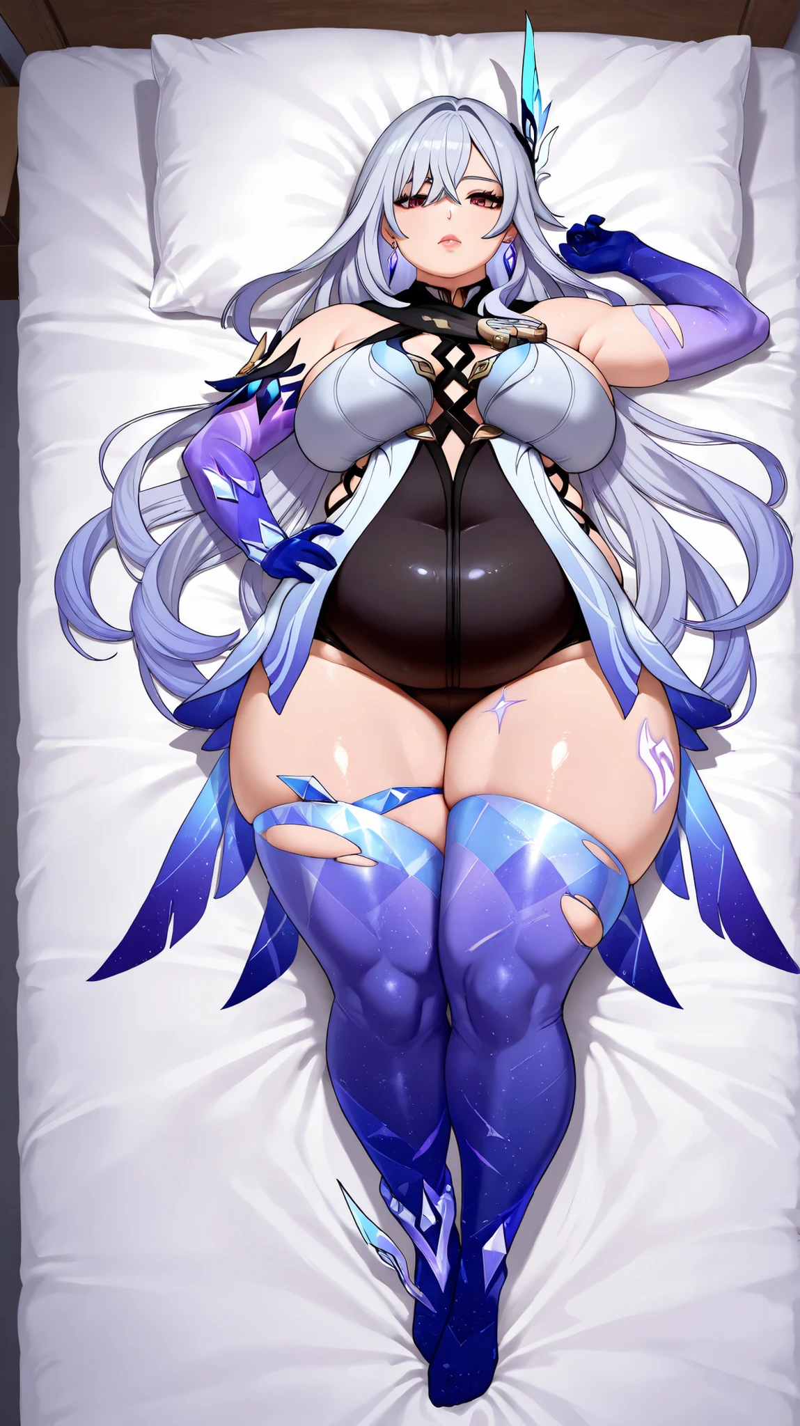1girl, skirk \(genshin impact\), genshin impact, 1girl, solo, breasts, long hair, gloves, thighhighs, looking at viewer, elbow gloves, hand on hip, bangs, hair ornament, jewelry, blue gloves, bare shoulders, grey hair, large breasts, earrings, thighs, blue thighhighs, purple eyes, very long hair, hair between eyes, torn clothes, leotard, dress, red eyes, full body , mature, motherly ,erotic face, grey background, defined legs , on bed, on stomach, room top view, laid down, thigh tattoo,High Quality, High Details, breats side view from swimsuit, chubby, chubby girl, curvy, large breasts, lips, plump, thick thighs, thighs, (((oversized gigantic stomach)), curvy, large breasts, lips, plump, thick thighs, thigh,