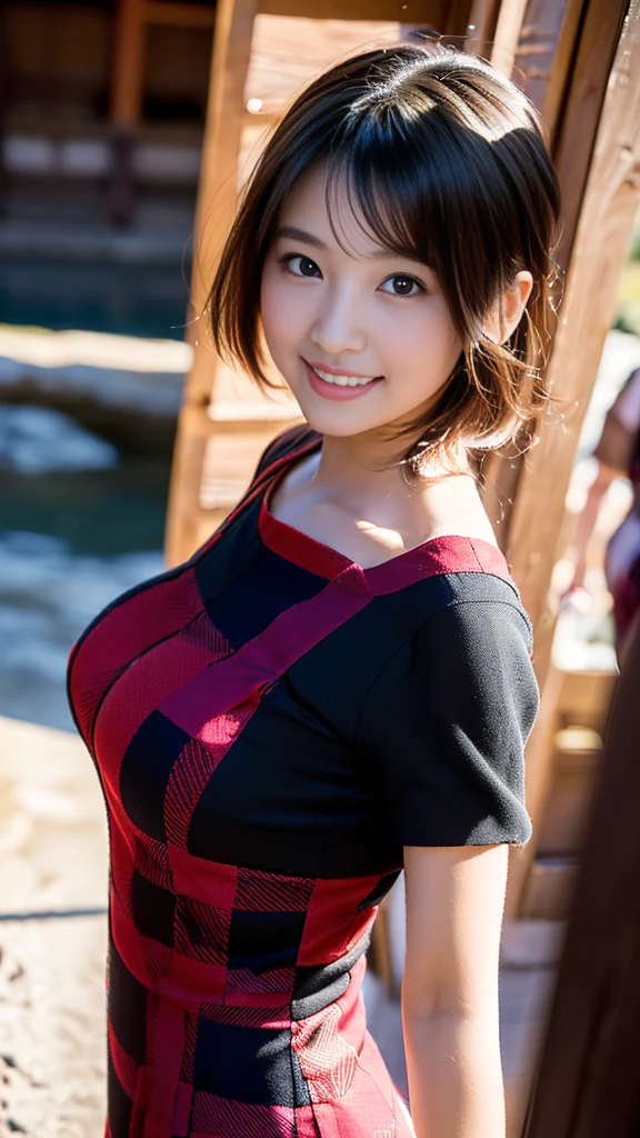 Depicting Japan, The image must include a sunset, with natural light, In the center is a Japanese woman wearing off-the-shoulder Lycra spandex., Smiling whole body, Mount Fuji in the background 8k、(((Detailed face:1.5)))