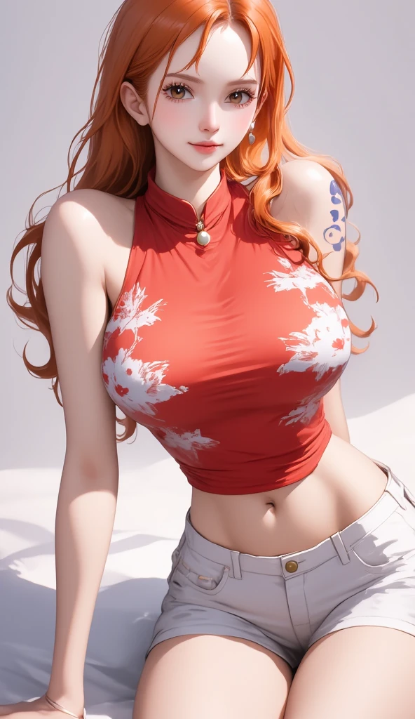 shinny skin、breastsout、high detailing、超A high resolution、(Photorealsitic) (Twin-tailed)、orange color hair、a red skirt、Waist wrap、Blue shirt、cute little、 beautidful eyes、Exposing breasts、Upper body naked、whips、blue eyess
