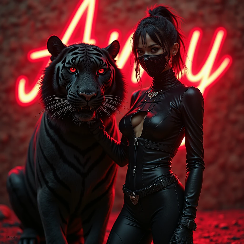 Yuri  with black hair and red eyes in action at spy and family in anime style with both knife in hands hidding her face only her red eyes glimmering at dark city light... There's a big huge black panther she is sitting on it's back with her savage attitude in dark alley


