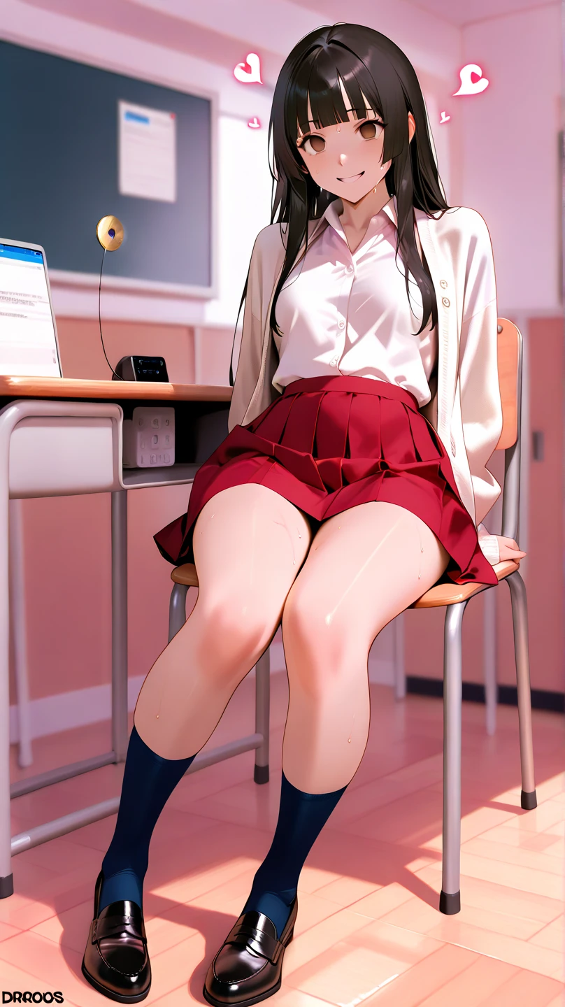 highest quality、masterpiece、1 girl、blush、(smile)、cute、high school girl、((classroom:1.5))、mini skirt、(single braid)、Sit on the ground with your knees upright、Kamimei、look at me、(No panties:1.3)、((shaved pussy:1.5)), ((red bow tie, school uniform, black jacket, open jacket, Brown cardigan, white shirt, black skirt, plaid skirt、black socks))、 (No panties:1.3)、((shaved pussy:1.5))、(highly detailed labia:1.5)