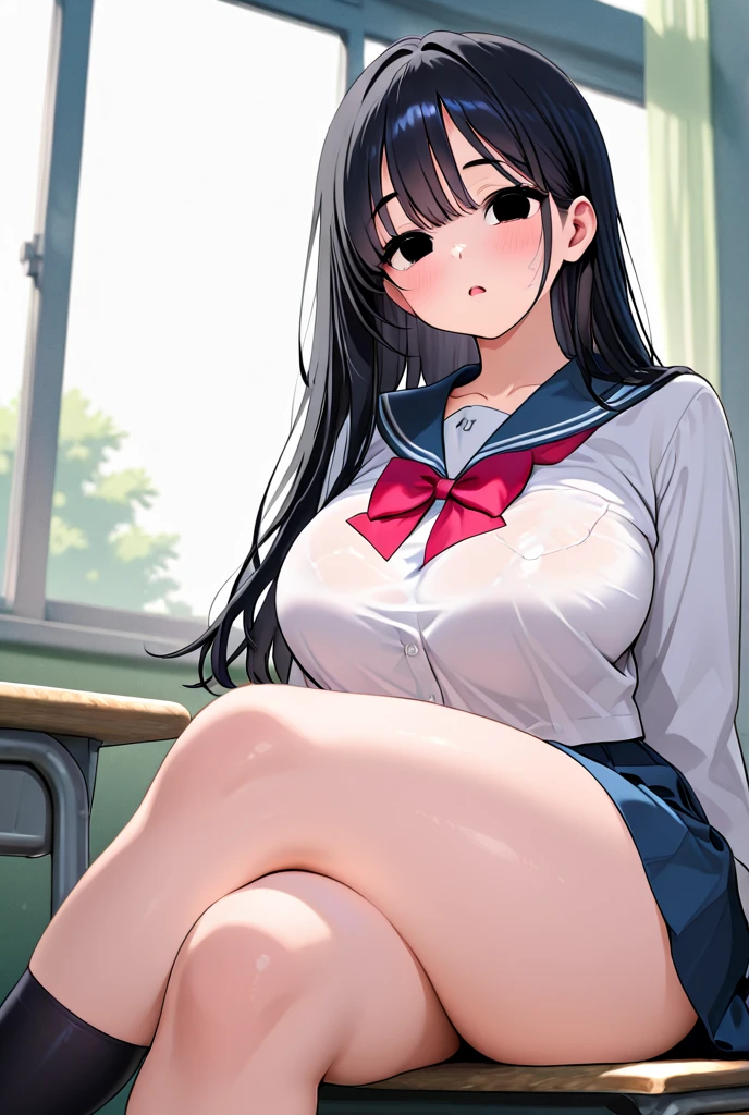 Straight long black hair、big big tits、pink nipples、gasp、1 girl、Completely naked、classroom、open your legs wide、show crotch、selfie、mini skirt、blouse