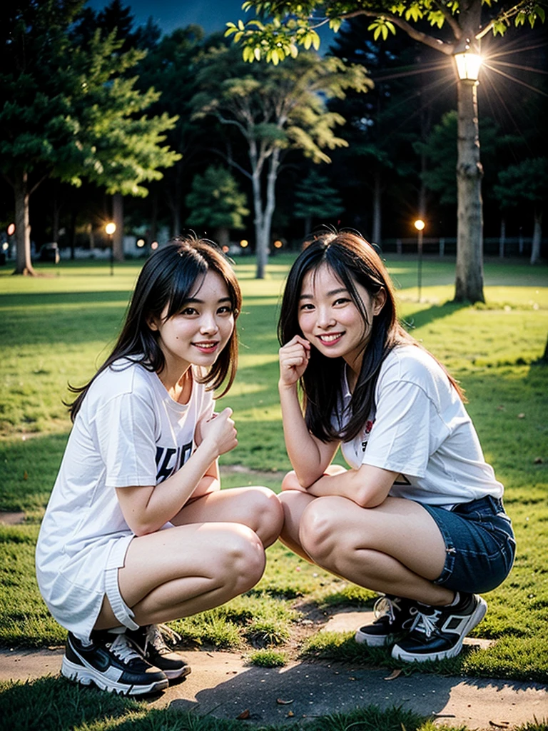 （超高分辨率，RAW photogr，realisticlying，tmasterpiece，best qualtiy：1.4），Complicated details，2 20 year old Korean girl，Wear a loose black T-shirt and skinny jeans，Stand on the grass and take pictures，hugs，Intimate relationships，Detailed meadow，A sweet smile on a small face，Ultra-realistic facial details，The face and skin are pink and white, and luminous，Playful and coquettish pose，The calves are straight and slender:1.2，Wear high-end brand sneakers:1.0，eventide：0.3，Broad lighting，naturalshadow：1.0，超高分辨率，taking a full body photo:1.8 --auto
