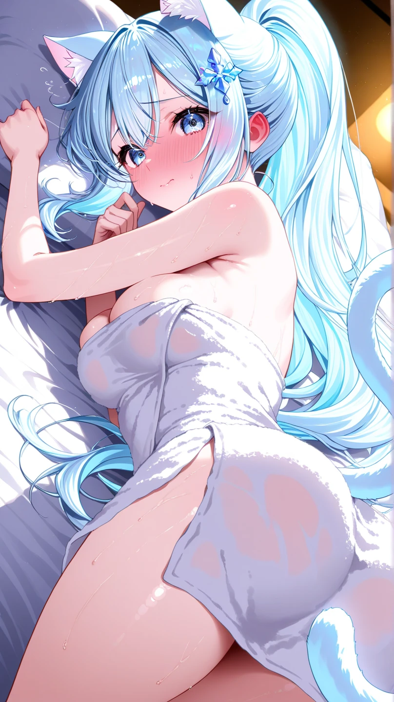 A white girl with long light blue hair,black eyes,shy,lying in a cami showing her butt without underwear