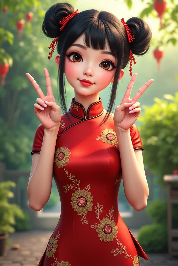 a beautiful young girl in a traditional chinese cheongsam dress, cute posing, singing and dancing, (best quality,4k,8k,highres,masterpiece:1.2),ultra-detailed,(realistic,photorealistic,photo-realistic:1.37),intricate details, delicate features, long hair, warm lighting, vibrant colors, cinematic composition, elegant movement, graceful expression