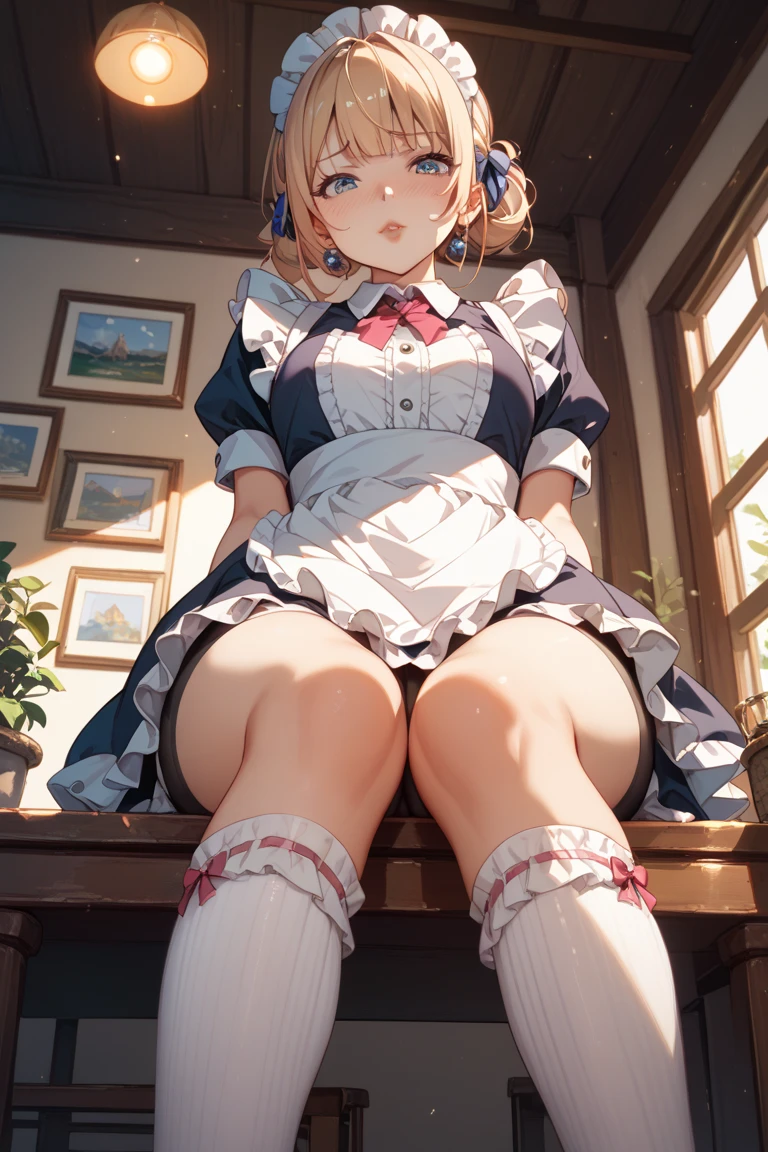 Browsing Caution, masterpiece, Highest quality, Very detailed, Ultra-fine illustrations, 8k CG wallpaper, Great art, (Rin with glasses々A beautiful woman:1.4), Perfect Anatomy, (Pussy juice:1.2)), ((mini skirt,Maid uniform, Transparent clothes, Apron skirt)), (White horizontal lace panties:1.3), (Pink stylish lace panties:1.3), (Stylish lace panties in light blue:1.3)), (Embarrassed expression, blush:1.2), Beautiful big boobs, Slender body, (Lifting her skirt to show her panties:1.5), ((Anime CG Style)), garter belt, ((White lace short chest curtain,Underbust)), ((bare Maid uniform)),((underboob))