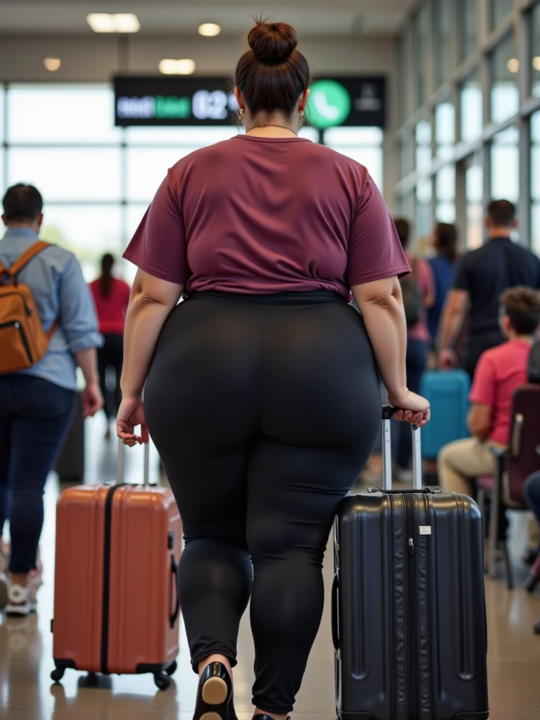A plane passenger detailed photo of a Beautiful ginger SSBBW, with long wavy ginger hair, with big soft fat belly, thicc fat arms, thicc wide legs, big breast, in a cute green top tucked in her pants, and black pants, at airport waiting for the plane with a big bag, the airport has a big window with passenger planes outside