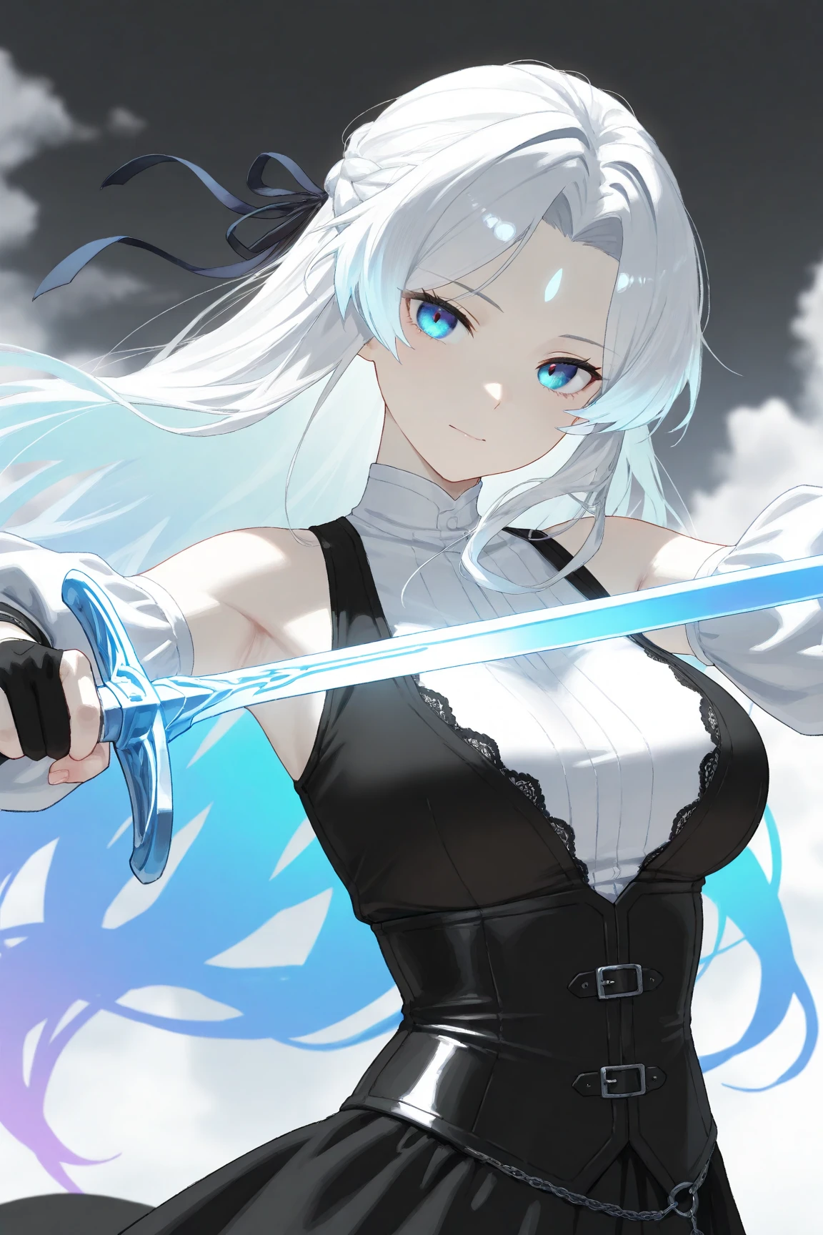 masterpiece, best quality, ultra high definition, high resolution, noise-free, (slender woman with firm medium-sized breasts:1.2), long flowing silver-white hair with individual strand detail, gentle side-parted bangs framing face, (large expressive cyan-blue eyes with gradient shading and reflective highlights:1.1), smooth pale skin with subtle specular highlights, white puff-sleeved blouse with black corset vest and metallic buckle accents, slender shoulders visible, delicate fingerless gloves with lace trim gripping a glowing cerulean sword hilt held at chest height, (frontal mid-shot pose:1.1), direct eye contact with slight head tilt, arms positioned to hold sword vertically in front, hair and ribbon fluttering gently, serene cloudy sky and reflective water surface with small blue slime creatures at edges in soft background, painterly anime style with crisp line art and smooth gradient cel shading, volumetric lighting, specular highlights on metal and blade, sub-surface scattering on skin, cinematic depth of field with gentle background blur, high dynamic range, 8k resolution, anti-aliasing