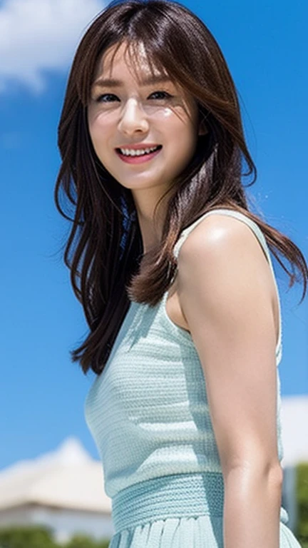 Medium Size Display, Medium Shot, Written boundary depth, Photograph the whole body, Movie angle,Action pose、masterpiece, Highest quality, Very detailed, CG, 8k wallpaper, Beautiful Face, Delicate eyes, Otome, alone, smile, cute、Sky Blue Dress