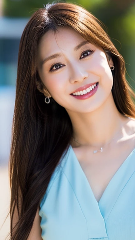 top-quality。８K-Picture。超A high resolution。foco nítido。long, Wavy Hair。Beautiful Women in Perfect Style。Crisp double eyelids。Colossal tits。legs are long８Head and body。Close up in orange bikini。The vast blue sea in the back。Makeup should be thin and supple。Smile slightly。Very delicate face and skin texture。And the chest。A detailed eye。Crisp double eyelids。Slender but busty。