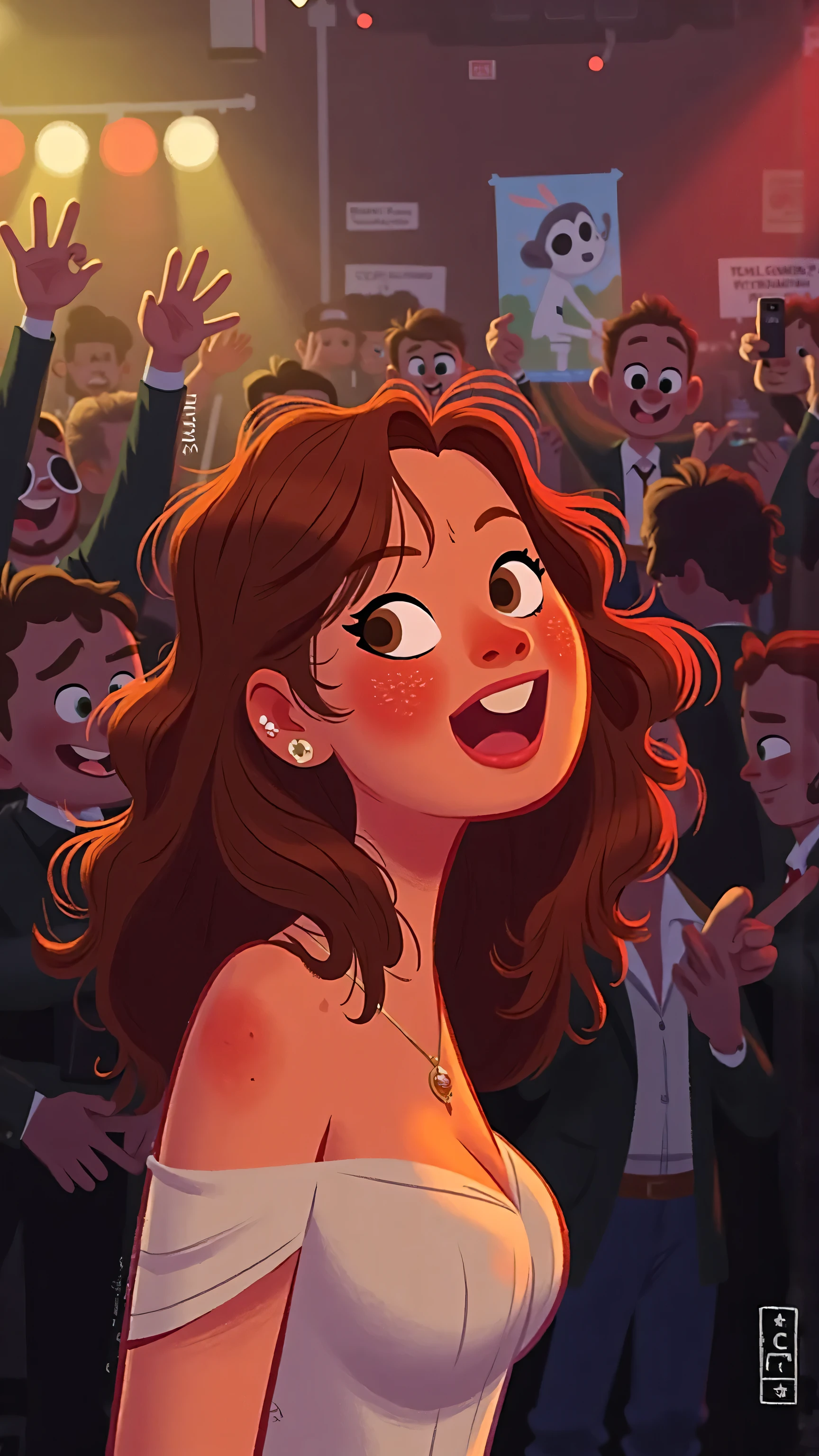 close-up,Portrait,Concert entrance,a beautiful and elegant woman,long brown wavy hair,brown eyes,Wear a white strapless top。walking in the crowd,Pose for a photo,Lights flickering,Surrounded by fans、poster、commemorating the surrounding stalls。 illustration style