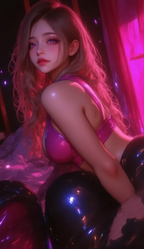 A beautiful fantasy style painting of a beautiful nude blonde woman with big messy hair, gracefully laying on a fluffy cloud, wearing headphones, midnight with moon light, twinkling stars and stardust, vibrant and colorful, looking down at a small city at night, cityscape, colorful stardust, fantasy art style, cartoon vibrant, cute detailed digital art, colorful digital fantasy art, digital fantasy art ), glossy digital painting, pastel vibrant