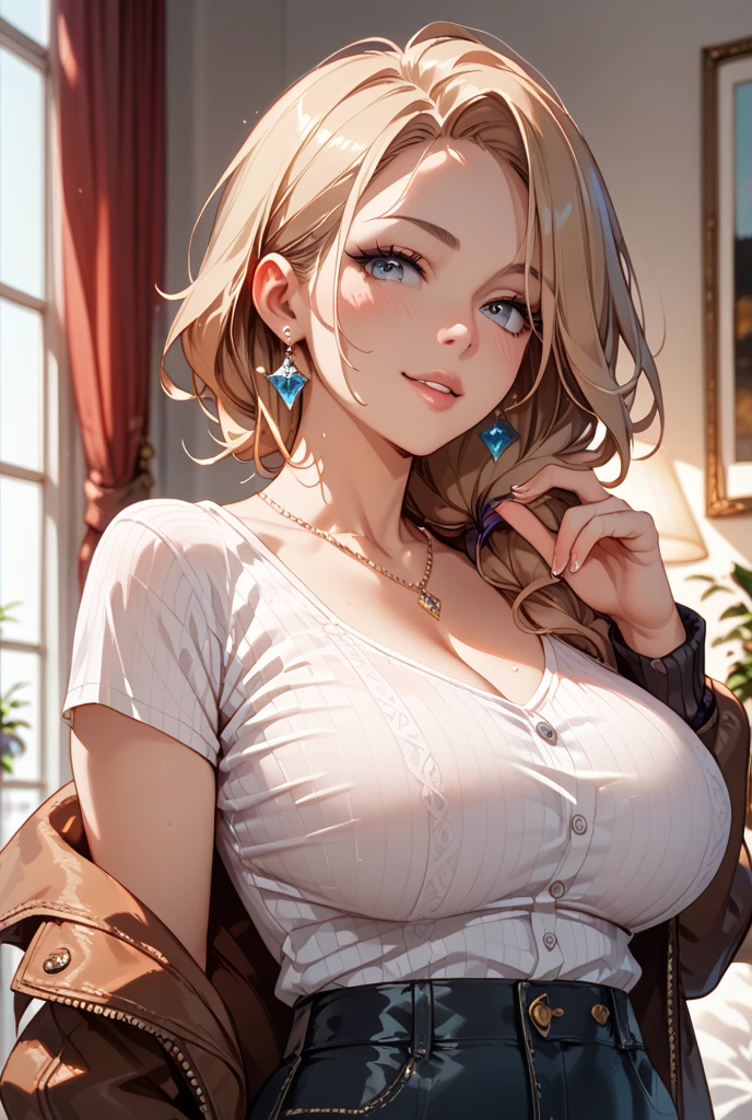 Anime Art Portrait --s2:
A stunning Anime art portrait of a solo girl with captivating blonde hair and bright blue eyes. Her intricately detailed features are accentuated by finely drawn lines, with a crisp, sharp focus that brings out every curve and contour. her belt cinched waist,black jeans, and pearl necklace complement her short sleeve white shirt. A black vest peeks out from under the open, revealing large breasts, adding to her allure. A black choker and earrings complete her outfit. With a smirk on her lip, she strikes a bold, confident pose against a dramatic, cinematic background. The 4k high-resolution image