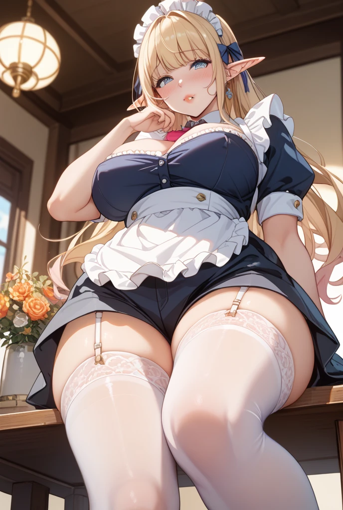 (masterpiece:1.2), (highest quality:1.2), Curvy but slender body, perfect eyes, perfect face, perfect lighting, 1 girl, long hair, curly hair, fine clothes, detailed outdoor background, compensate, eye shadow, thick eyelashes, fantasy, (maid)、whole body,alice in wonderland、Bright and beautiful face、young shiny glossy white shiny skin、the best beauty、the most beautiful bright blonde hair in the world、thin hair、super long straight hair、Shining beautiful bangs、Shining crystal clear big blue eyes、Very beautiful lovely 17 year old most beautiful girl in the world、big and full breasts、tits、a sexually excited look、((She shyly lifts her skirt to show her panties、I'm seducing you))